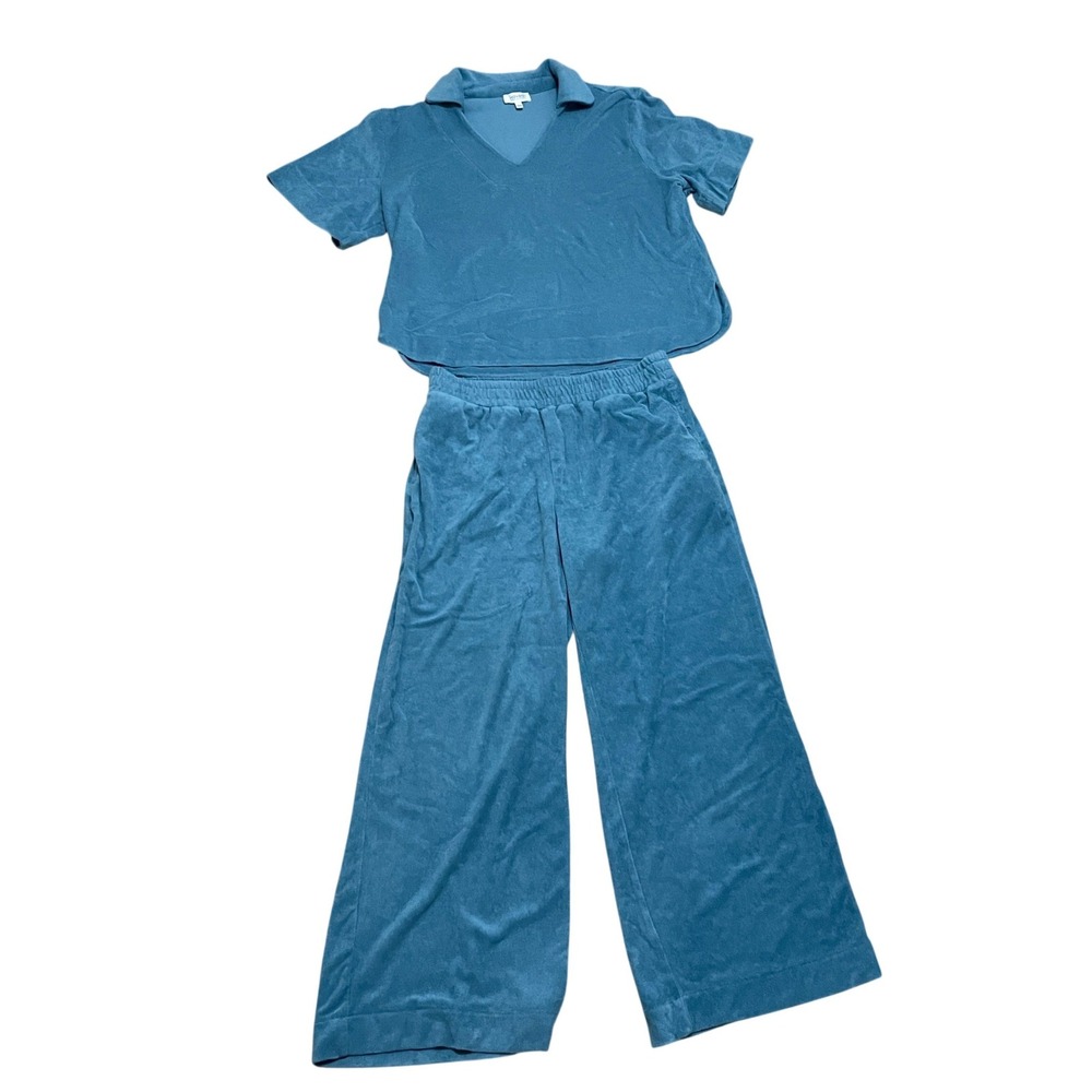 Haven Well Within Women's Lg Blue Terry Cloth Lounge Set Polo Top Wide Leg Pants